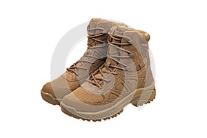 Modern army combat boots. New desert beige shoes. Isolate on a white back