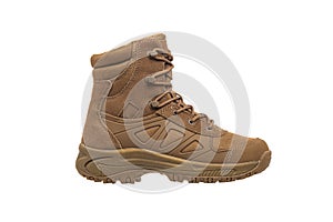 Modern army combat boots. New desert beige shoes. Isolate on a white back