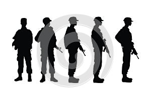 Modern army soldiers standing with assault rifles and tactical gear silhouette collection. Infantry army and special forces
