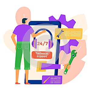 Modern around the clock online technical support, tiny male user character remote assistance flat vector illustration