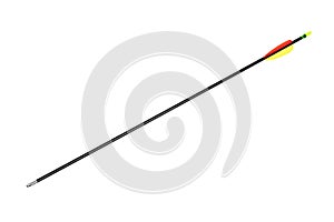 Modern arrow for sport bow isolate on white back. A black arrow with a blunt tip and multicolored plumage