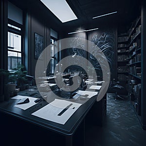 Modern Art Artistical Workspace, Office Building Interior, Dark Colors, Calm Mood, Working On Progect, Papers and Books,