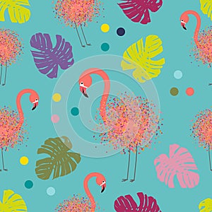 Modern art collage flamingo, seamless pattern with tropical palm leaves and flamingos, drawing dots by brush, Vector tropical