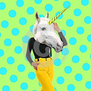 Modern art collage. Woman with unicorn`s head on color background