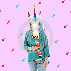 Modern art collage. Woman with unicorn`s head on color background