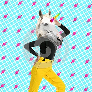 Modern art collage. Woman with unicorn`s head on color background