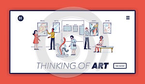 Modern Art Concept. Website Landing Page. Group Of People Visit Art Gallery. People Examine Creative Artworks