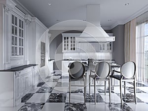 Modern art deco style kitchen with trendy black and white furniture and a chess marble floor. Kitchen island, bar stool