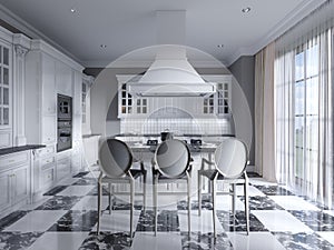 Modern art deco style kitchen with trendy black and white furniture and a chess marble floor. Kitchen island, bar stool