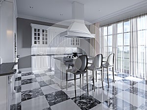 Modern art deco style kitchen with trendy black and white furniture and a chess marble floor. Kitchen island, bar stool