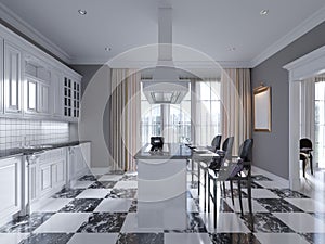 Modern art deco style kitchen with trendy black and white furniture and a chess marble floor. Kitchen island, bar stool