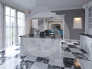 Modern art deco style kitchen with trendy black and white furniture and a chess marble floor. Kitchen island, bar stool