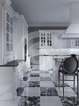 Modern art deco style kitchen with trendy black and white furniture and a chess marble floor. Kitchen island, bar stool