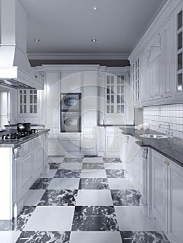 Modern art deco style kitchen with trendy black and white furniture and a chess marble floor. Kitchen island, bar stool