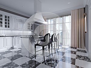 Modern art deco style kitchen with trendy black and white furniture and a chess marble floor. Kitchen island, bar stool