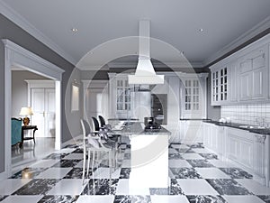 Modern art deco style kitchen with trendy black and white furniture and a chess marble floor. Kitchen island, bar stool