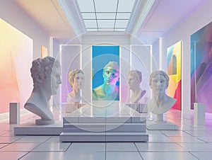 Futuristic Gallery Display with Classical Busts photo