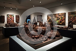 modern art gallery with display of intricate, edible chocolate sculptures