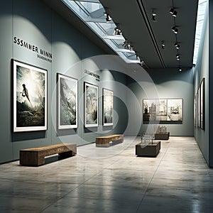 Modern art gallery interior with blank poster on wall