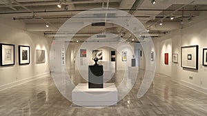 Modern Art Gallery Interior With Framed Artworks and Sculpture, Well-Lit, Daytime photo