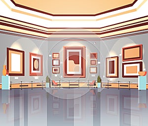 Modern art gallery in museum interior creative contemporary paintings artworks or exhibits flat