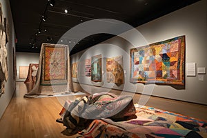 a modern art gallery with a variety of intricate and beautiful knitted, quilted, and crafted pieces on display
