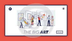 Modern art gallery website landing page design with cartoon visitors and artists on background