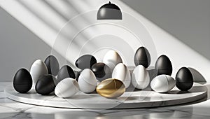 Modern art installation featuring several easter eggs on a round marble table.