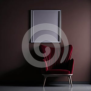 Modern Art Living Room Accent Red Velvet Armchair, Big Frame On Wall, Natural Realistic Sunlight, Studio Gallery Generative AI