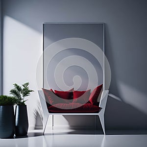 Modern Art Living Room Accent Red Velvet Armchair, Big Frame On Wall, Natural Realistic Sunlight, Studio Gallery Generative AI