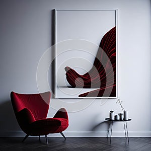 Modern Art Living Room Accent Red Velvet Armchair, Big Frame On Wall, Natural Realistic Sunlight, Studio Gallery Generative AI