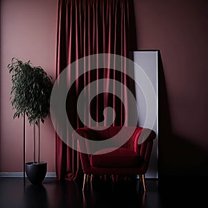 Modern Art Living Room Accent Red Velvet Armchair, Big Frame On Wall, Natural Realistic Sunlight, Studio Gallery Generative AI