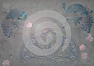 Modern art mural wallpaper. Surrealistic illustration of fantasy gothic rose ornament and two peacocks, loft style.