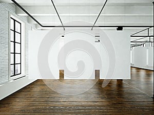 Modern art museum expo in loft interior. Open space studio.Empty white canvas hanging.Wood floor, bricks wall,panoramic