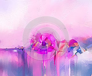 Modern art oil paintings for background. Semi- abstract image of flowers, in yellow pink and red with blue color.