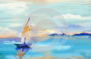 Modern art oil paintings with boat, sail on sea. Abstract contemporary art for background photo