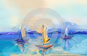 Modern art oil paintings with boat, sail on sea. Abstract contemporary art for background