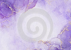 Modern art painting in alcohol ink, Abstract violet purple fluid art with gold luxury marble stone texture background