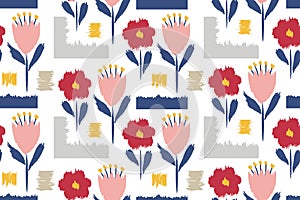 Modern art seamless pattern of red rose flowers, blue leaves, yellow spots, wrinkled edges, white background.