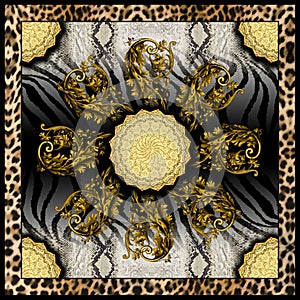 Modern Art for Silk Scarf Shawl, Golden Baroque on Zebra Skin Background.