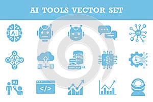 Modern artificial intelligence and machine learning vector icon set with robots chatbots and tech symbols