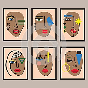 Modern assorted women and ladies different tanned abstract faces in black rectangle wall art frames set