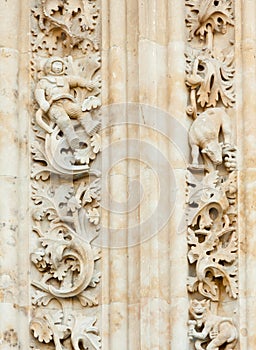 Modern astronaut carved on the facade of the old and historical Salmanca Cathedral