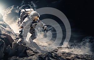 A modern astronaut is depicted exploring the surface of the moon, embodying the spirit of adventure and scientific