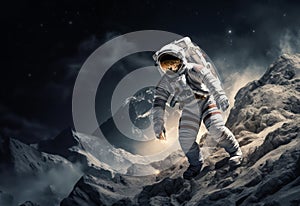 A modern astronaut is depicted exploring the surface of the moon, embodying the spirit of adventure and scientific