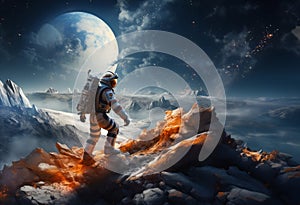 A modern astronaut is depicted exploring the surface of the moon, embodying the spirit of adventure and scientific