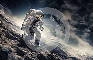 A modern astronaut is depicted exploring the surface of the moon, embodying the spirit of adventure and scientific