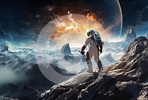 A modern astronaut is depicted exploring the surface of the moon, embodying the spirit of adventure and scientific