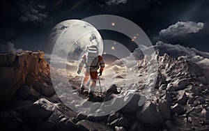 A modern astronaut is depicted exploring the surface of the moon, embodying the spirit of adventure and scientific