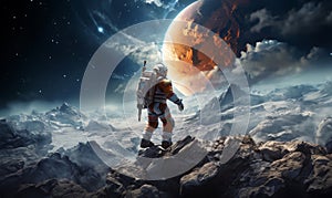 A modern astronaut is depicted exploring the surface of the moon, embodying the spirit of adventure and scientific